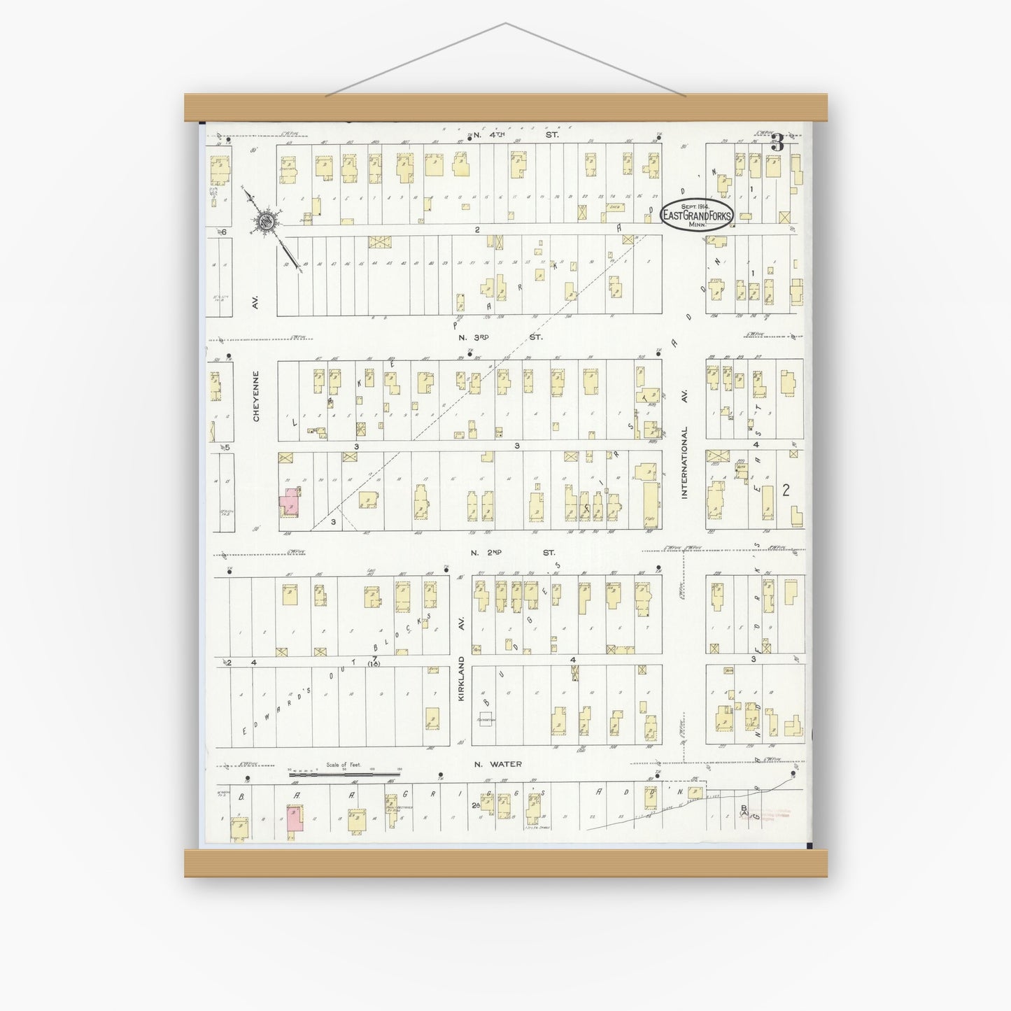 Old map wall art mockup — magnetic wood frame on white wall — Sanborn Fire Insurance Map from East Grand Forks, Polk County, Minnesota (1914), Sheet #0003
