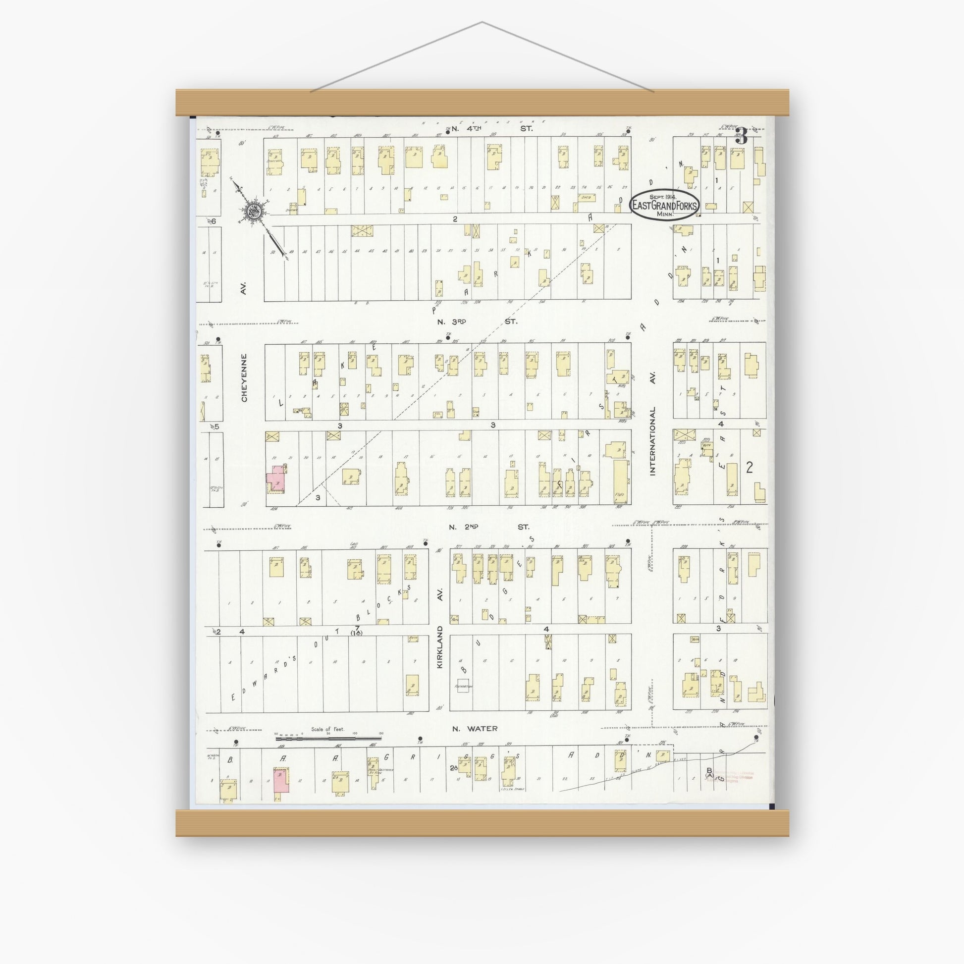 Old map wall art mockup — magnetic wood frame on white wall — Sanborn Fire Insurance Map from East Grand Forks, Polk County, Minnesota (1914), Sheet #0003