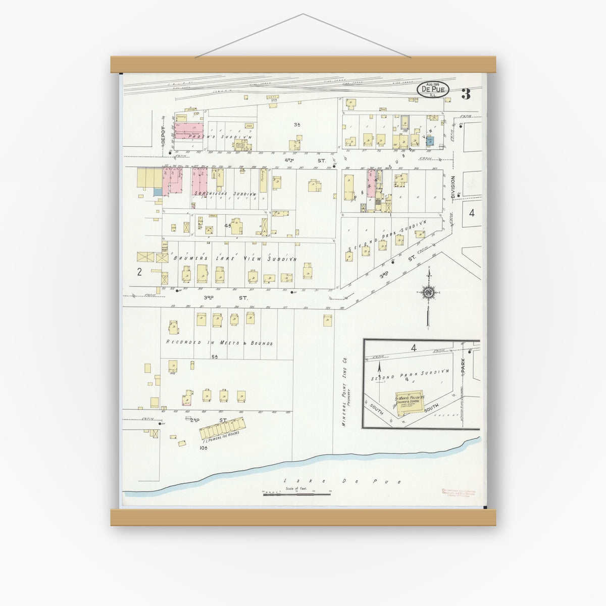 Old map wall art mockup — magnetic wood frame on white wall — Sanborn Fire Insurance Map from De Pue, Bureau County, Illinois (1914), Sheet #0003