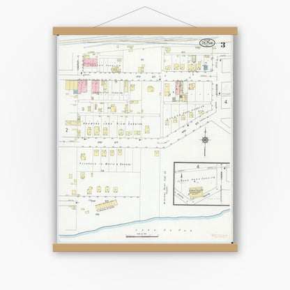 Old map wall art mockup — magnetic wood frame on white wall — Sanborn Fire Insurance Map from De Pue, Bureau County, Illinois (1914), Sheet #0003