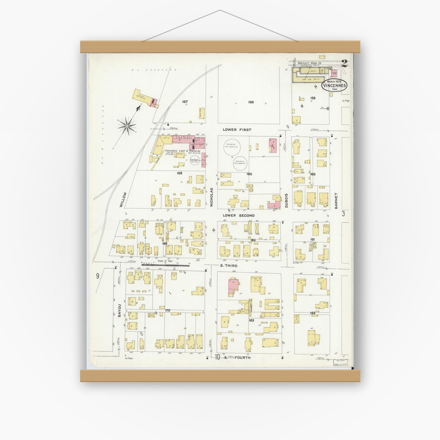 Old map wall art mockup — magnetic wood frame on white wall — Sanborn Fire Insurance Map from Vincennes, Knox County, Indiana (1909), Sheet #0002