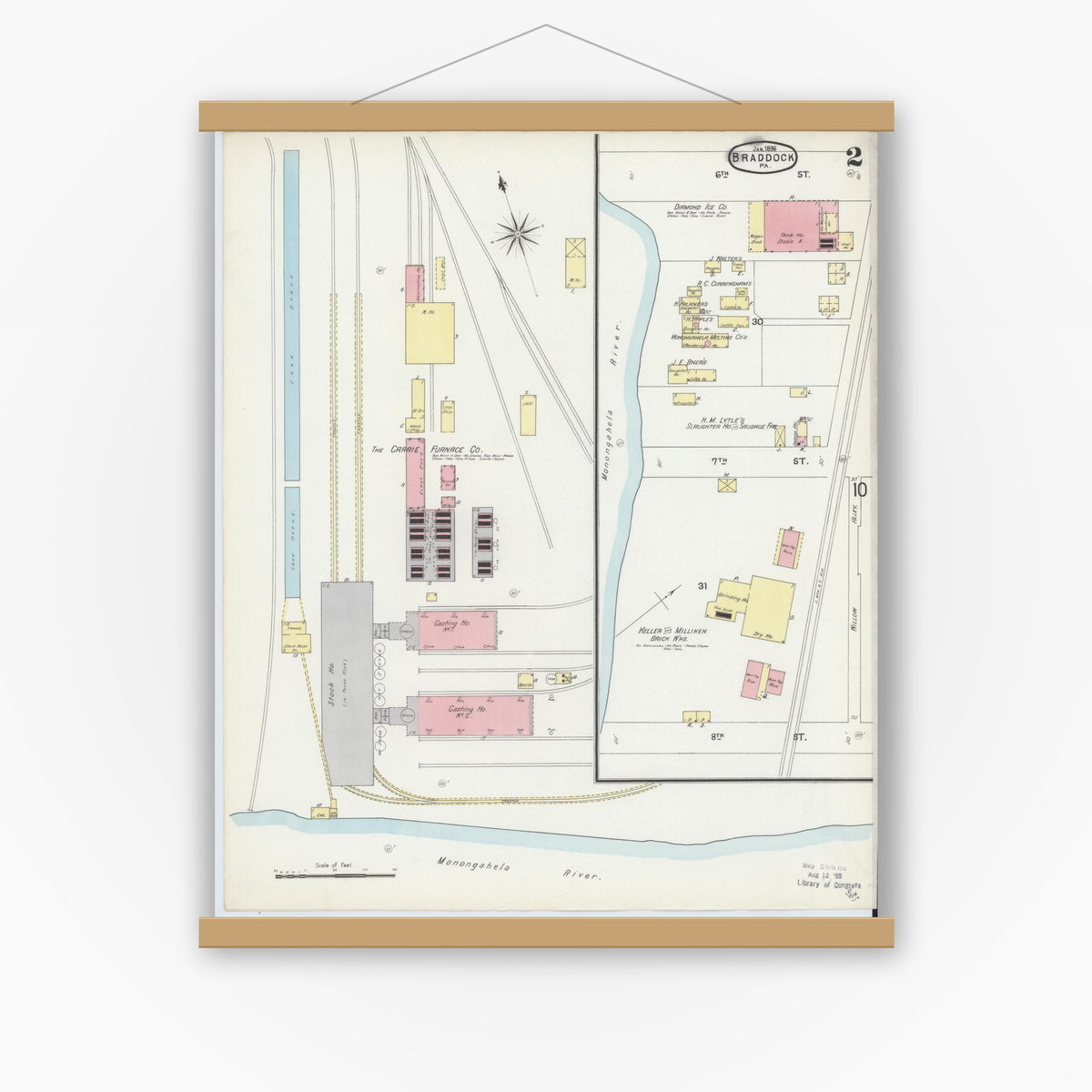 Old map wall art mockup — magnetic wood frame on white wall — Sanborn Fire Insurance Map from Braddock, Allegheny County, Pennsylvania (1896), Sheet #0002