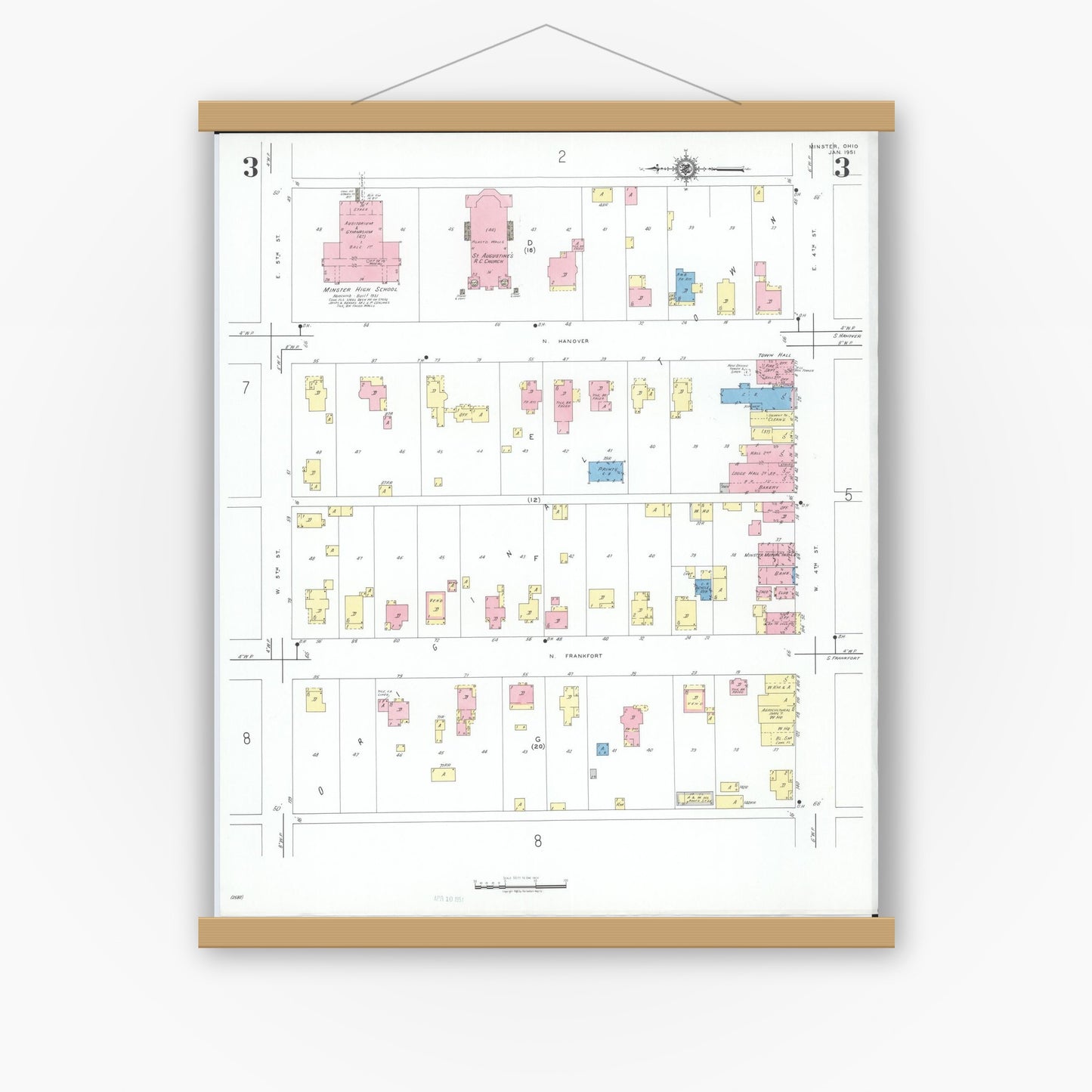 Old map wall art mockup — magnetic wood frame on white wall — Sanborn Fire Insurance Map from Minster, Auglaize County, Ohio (1951), Sheet #0003