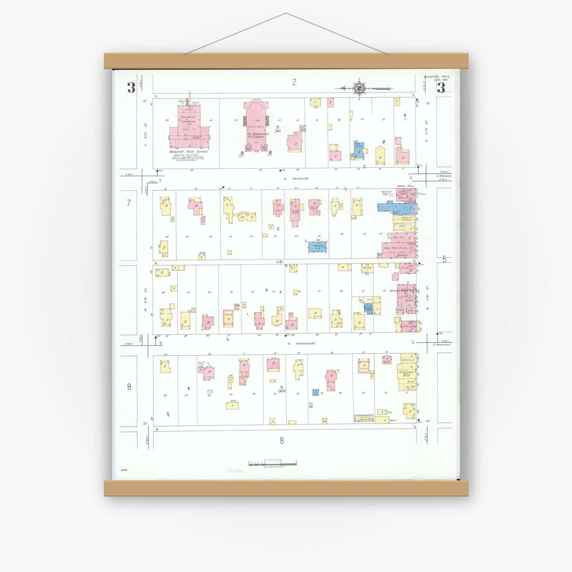 Old map wall art mockup — magnetic wood frame on white wall — Sanborn Fire Insurance Map from Minster, Auglaize County, Ohio (1951), Sheet #0003