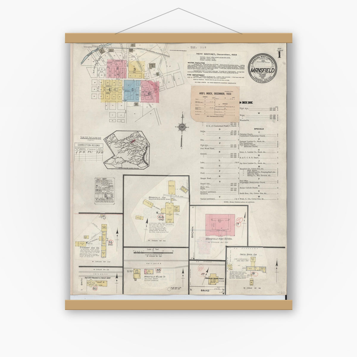 Old map wall art mockup — magnetic wood frame on white wall — Sanborn Fire Insurance Map from Mansfield, Tarrant County, Texas (1933), Sheet #0001
