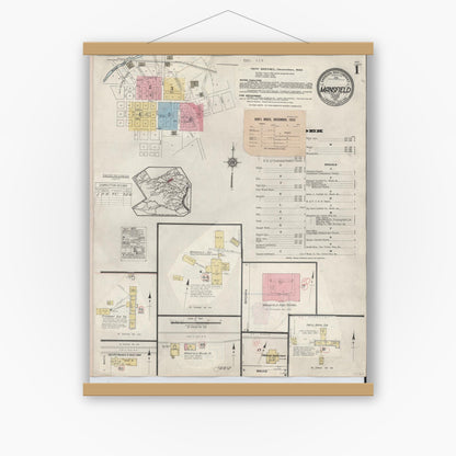 Old map wall art mockup — magnetic wood frame on white wall — Sanborn Fire Insurance Map from Mansfield, Tarrant County, Texas (1933), Sheet #0001