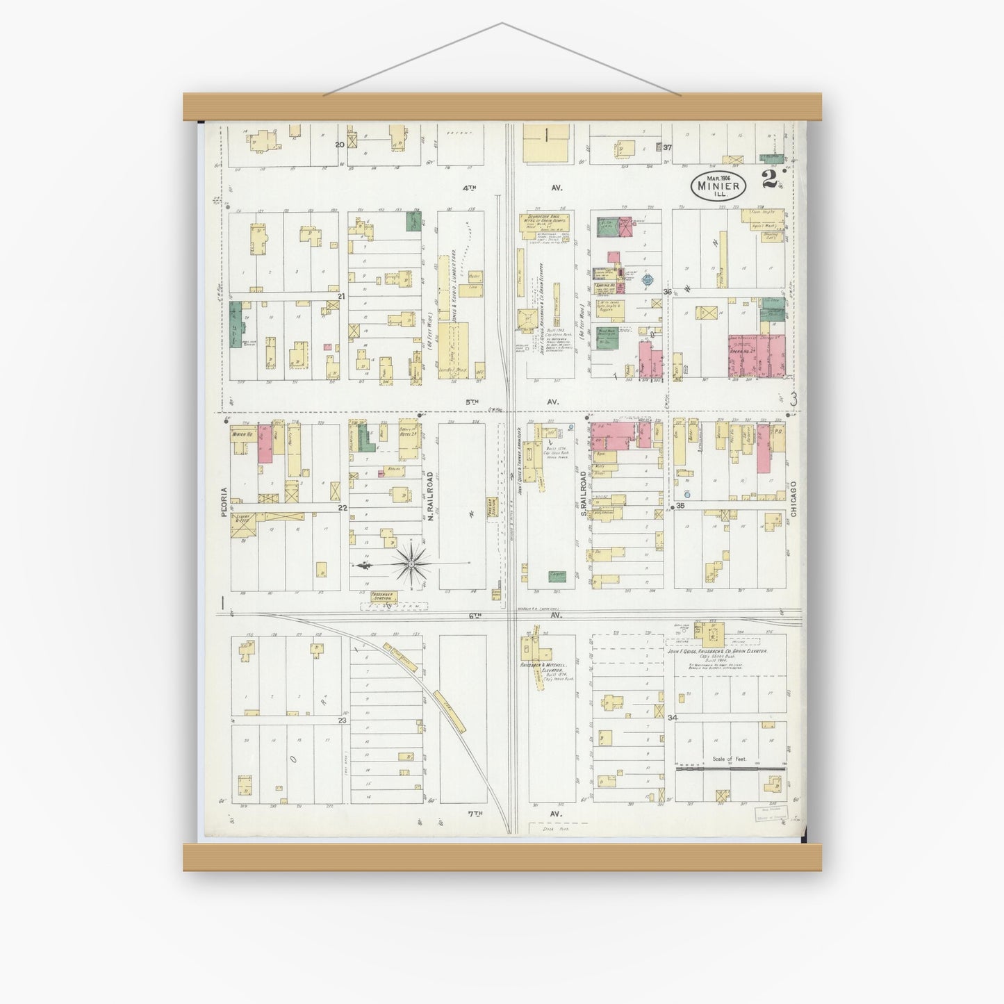 Old map wall art mockup — magnetic wood frame on white wall — Sanborn Fire Insurance Map from Minier, Tazewell County, Illinois (1906), Sheet #0002