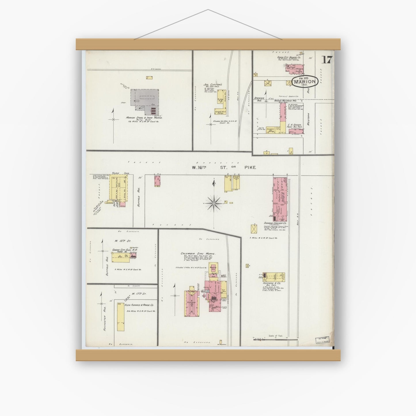 Old map wall art mockup — magnetic wood frame on white wall — Sanborn Fire Insurance Map from Marion, Grant County, Indiana (1893), Sheet #0017