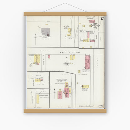 Old map wall art mockup — magnetic wood frame on white wall — Sanborn Fire Insurance Map from Marion, Grant County, Indiana (1893), Sheet #0017