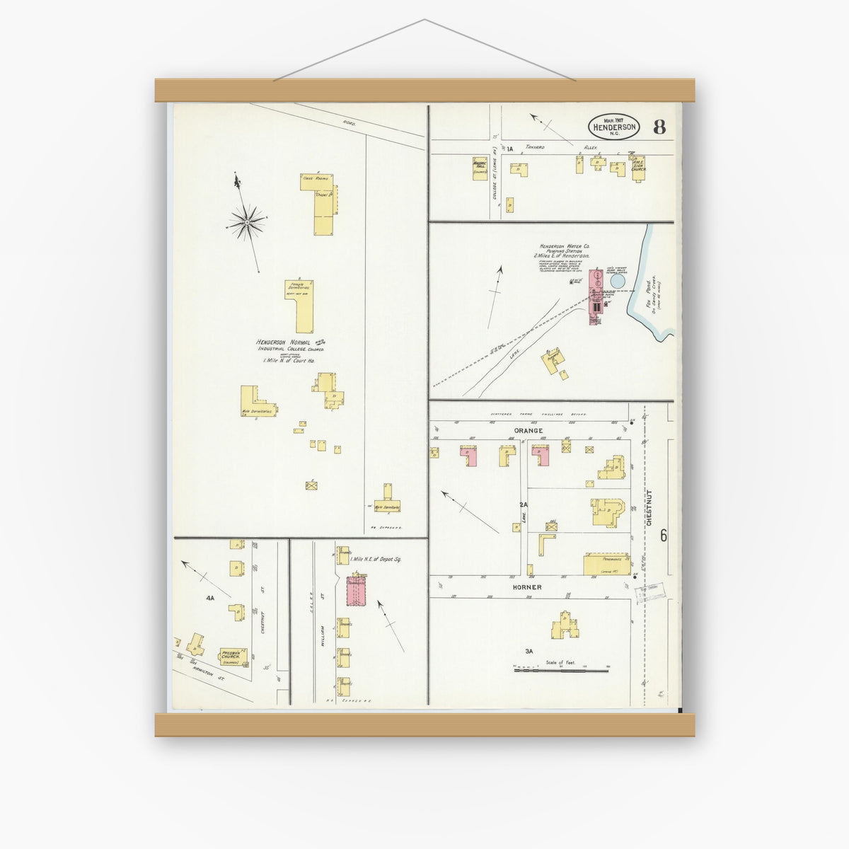 Old map wall art mockup — magnetic wood frame on white wall — Sanborn Fire Insurance Map from Henderson, Vance County, North Carolina (1907), Sheet #0008