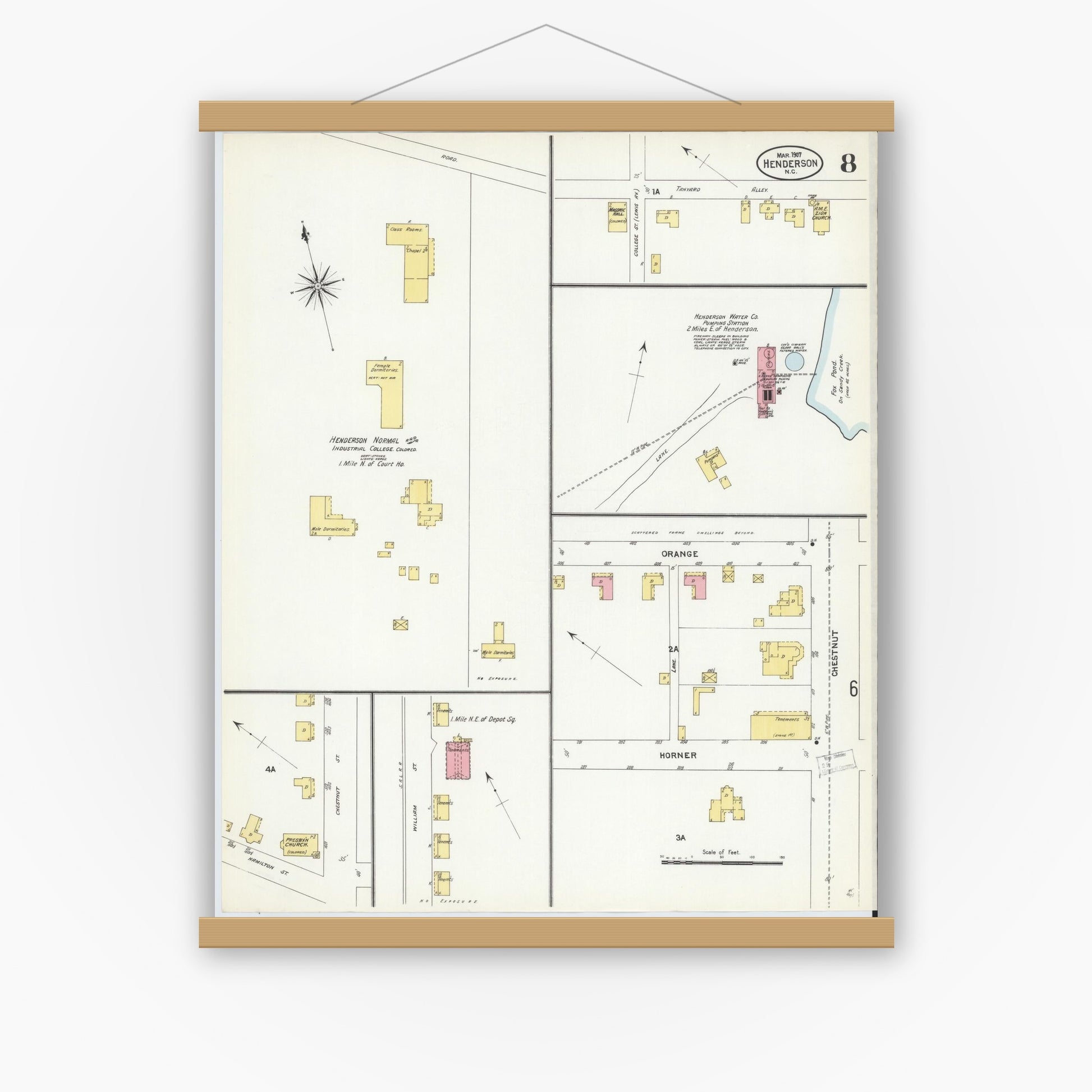 Old map wall art mockup — magnetic wood frame on white wall — Sanborn Fire Insurance Map from Henderson, Vance County, North Carolina (1907), Sheet #0008