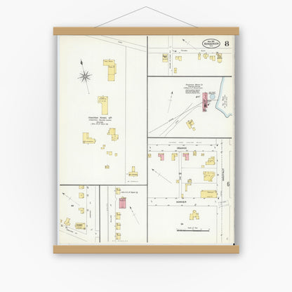 Old map wall art mockup — magnetic wood frame on white wall — Sanborn Fire Insurance Map from Henderson, Vance County, North Carolina (1907), Sheet #0008