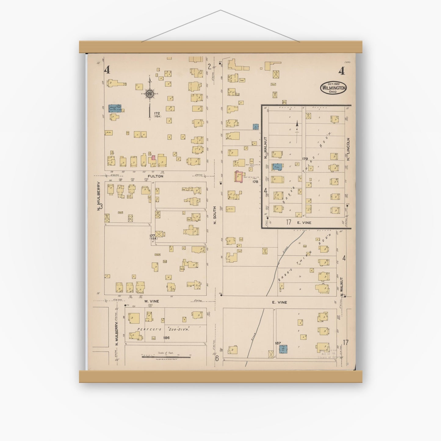 Old map wall art mockup — magnetic wood frame on white wall — Sanborn Fire Insurance Map from Wilmington, Clinton County, Ohio (1922), Sheet #0004