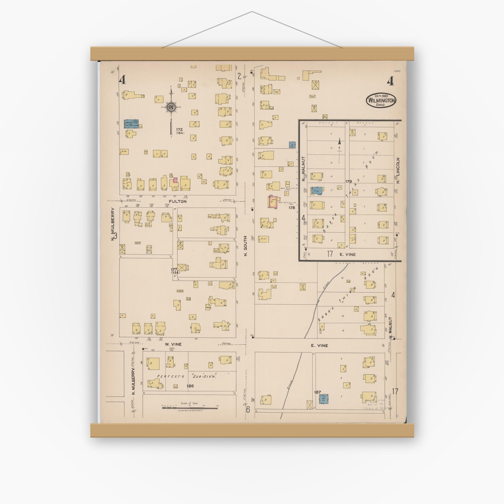 Old map wall art mockup — magnetic wood frame on white wall — Sanborn Fire Insurance Map from Wilmington, Clinton County, Ohio (1922), Sheet #0004