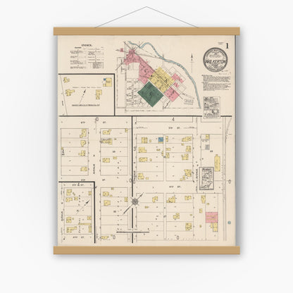 Old map wall art mockup — magnetic wood frame on white wall — Sanborn Fire Insurance Map from Walkerton, Saint Joseph County, Indiana (1922), Sheet #0001