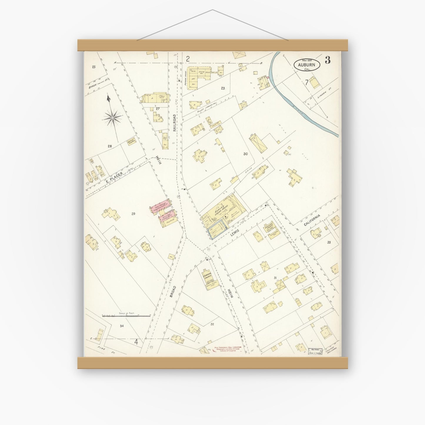 Old map wall art mockup — magnetic wood frame on white wall — Sanborn Fire Insurance Map from Auburn, Placer County, California (1899), Sheet #0003
