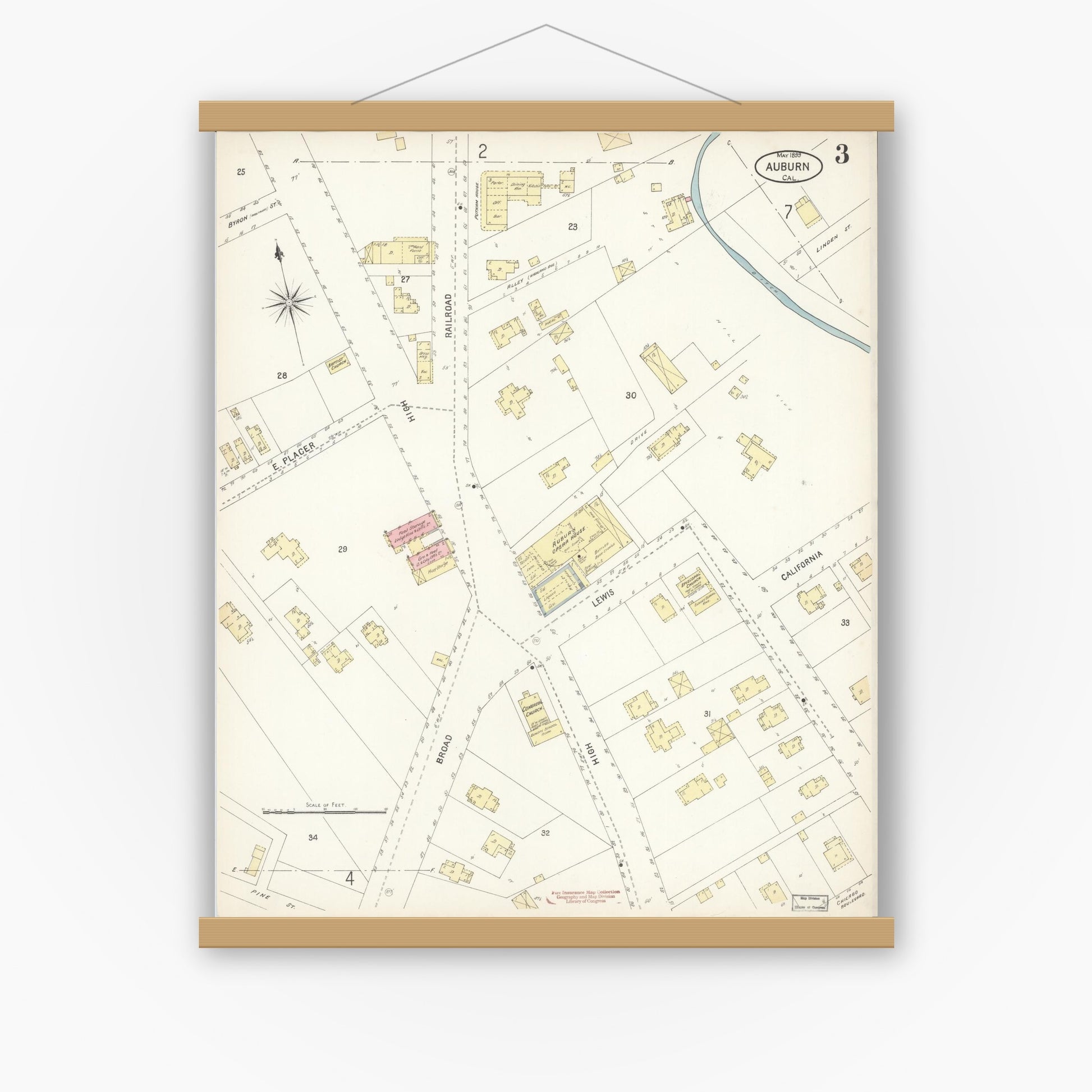 Old map wall art mockup — magnetic wood frame on white wall — Sanborn Fire Insurance Map from Auburn, Placer County, California (1899), Sheet #0003