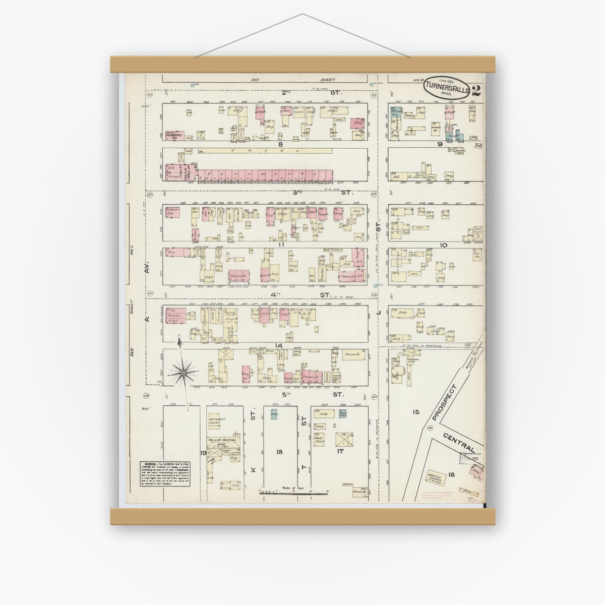 Old map wall art mockup — magnetic wood frame on white wall — Sanborn Fire Insurance Map from Turners Falls, Franklin County, Massachusetts (1884), Sheet #0002