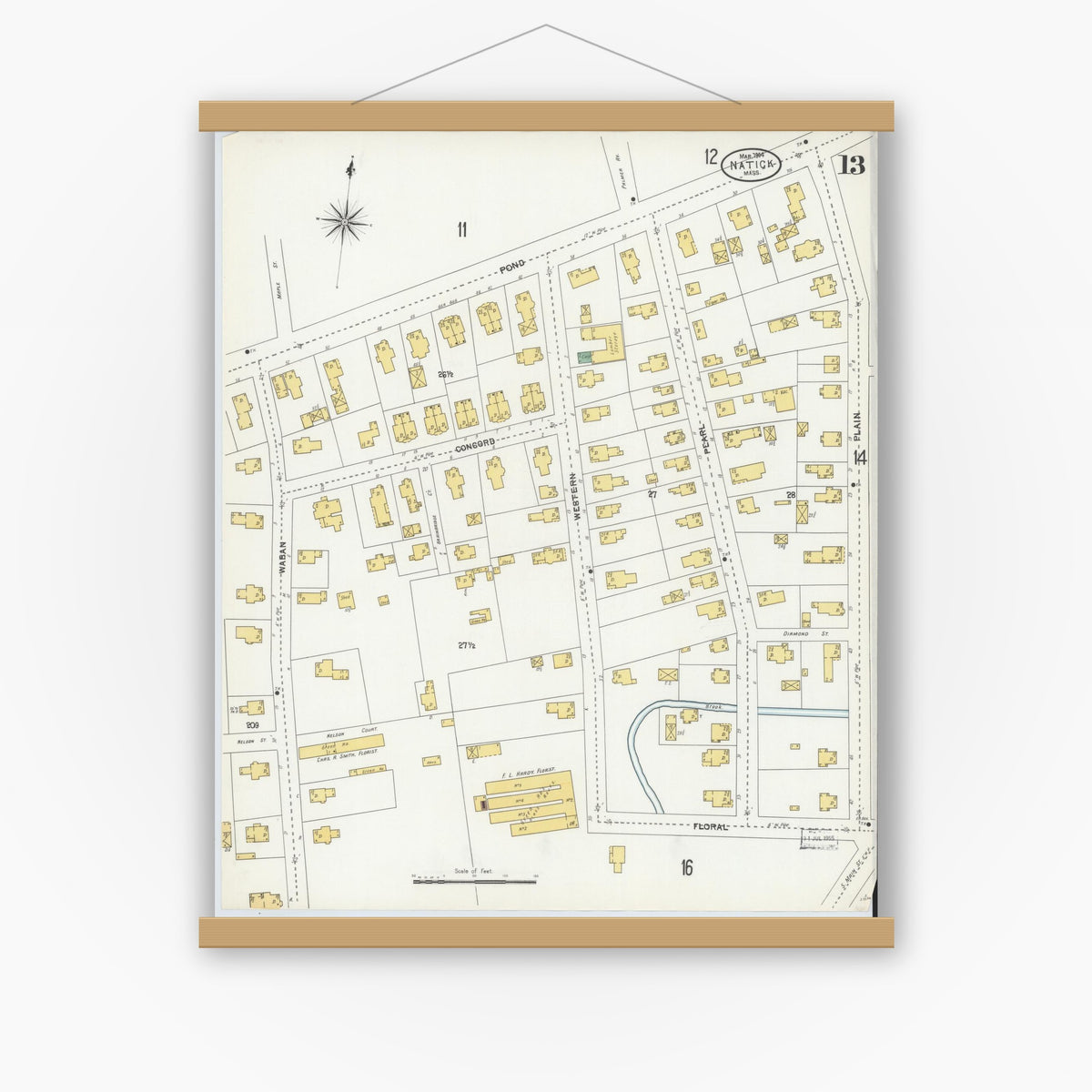 Old map wall art mockup — magnetic wood frame on white wall — Sanborn Fire Insurance Map from Natick, Middlesex County, Massachusetts (1904), Sheet #0013