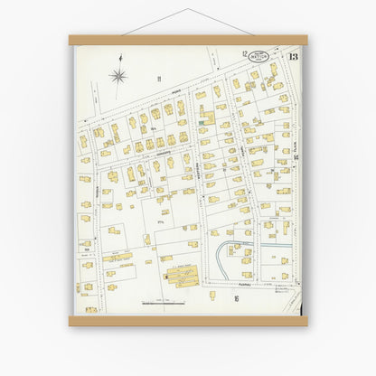 Old map wall art mockup — magnetic wood frame on white wall — Sanborn Fire Insurance Map from Natick, Middlesex County, Massachusetts (1904), Sheet #0013