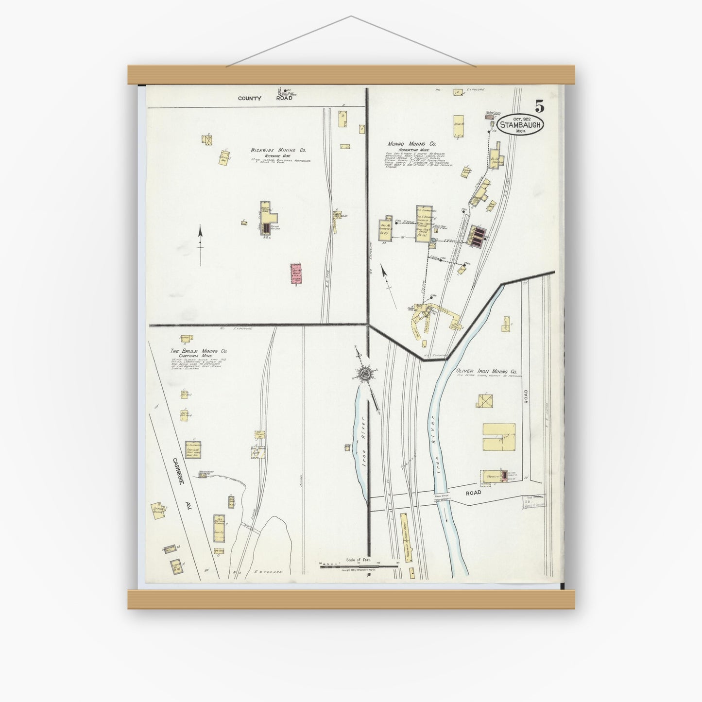Old map wall art mockup — magnetic wood frame on white wall — Sanborn Fire Insurance Map from Stambaugh, Iron County, Michigan (1922), Sheet #0005