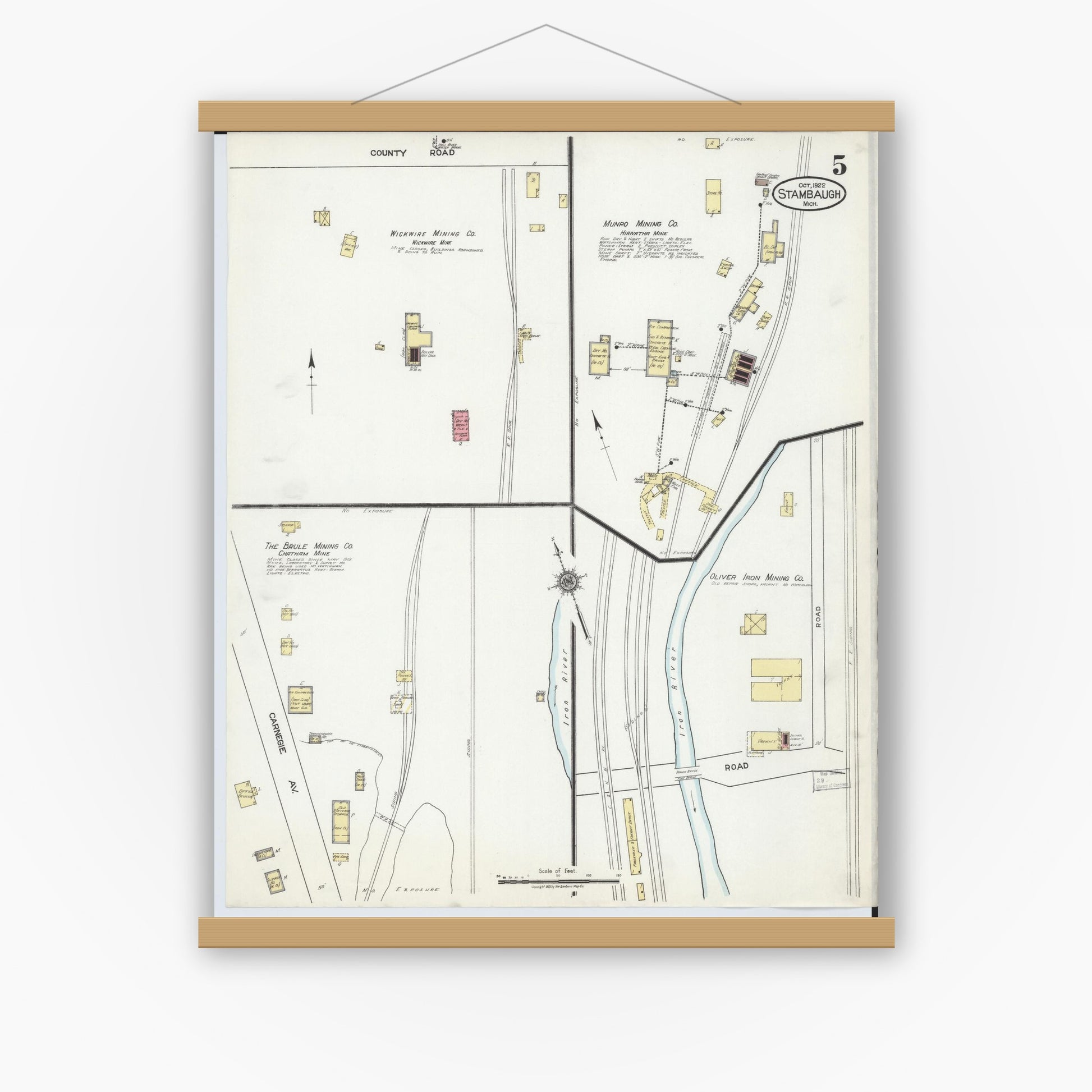 Old map wall art mockup — magnetic wood frame on white wall — Sanborn Fire Insurance Map from Stambaugh, Iron County, Michigan (1922), Sheet #0005