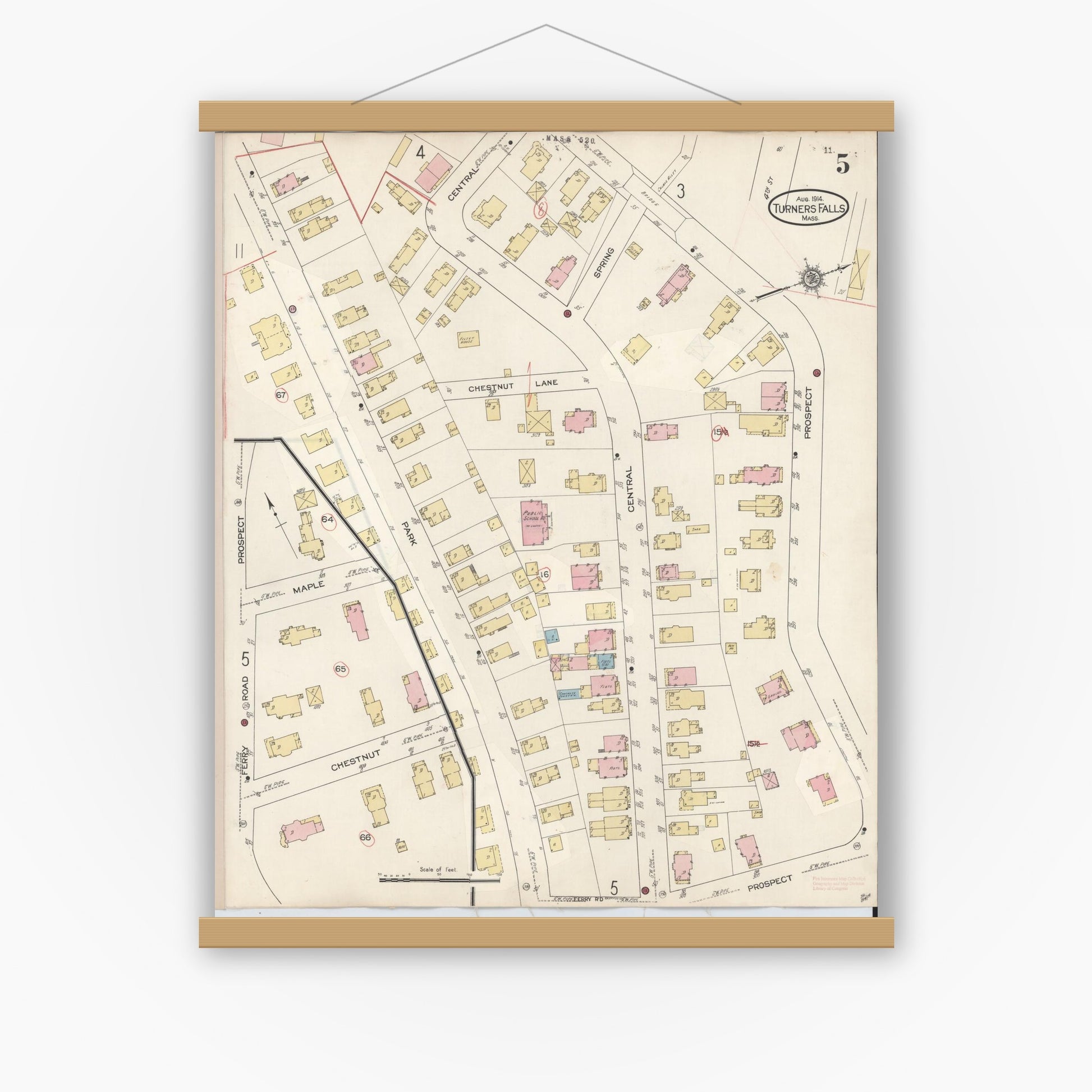Old map wall art mockup — magnetic wood frame on white wall — Sanborn Fire Insurance Map from Turners Falls, Franklin County, Massachusetts (1940), Sheet #0005