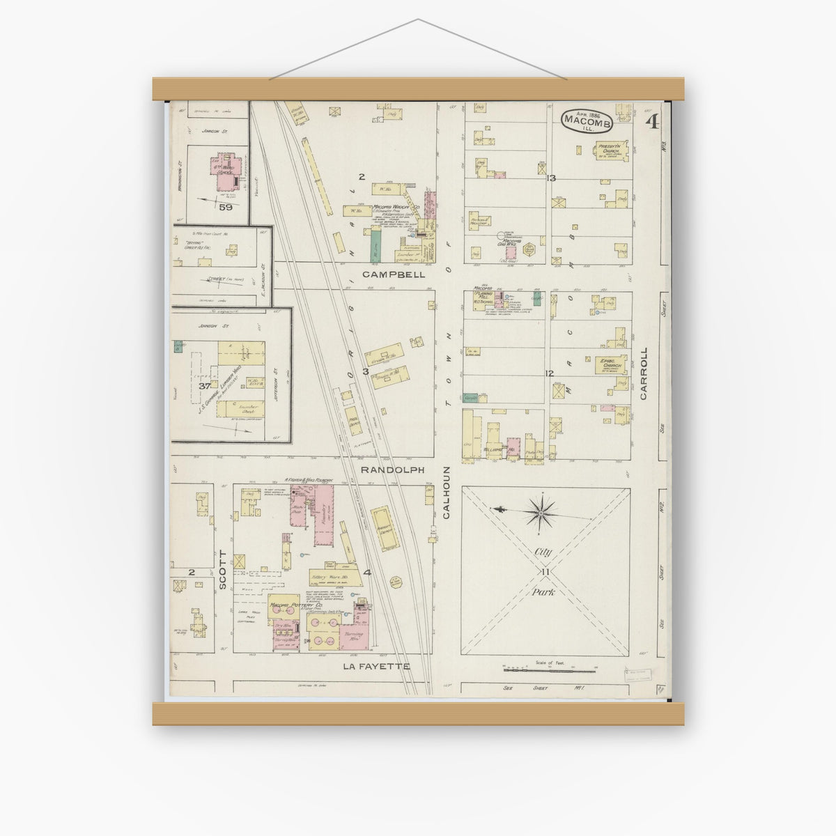 Old map wall art mockup — magnetic wood frame on white wall — Sanborn Fire Insurance Map from Macomb, Mcdonough County, Illinois (1886), Sheet #0004
