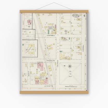 Old map wall art mockup — magnetic wood frame on white wall — Sanborn Fire Insurance Map from Macomb, Mcdonough County, Illinois (1886), Sheet #0004