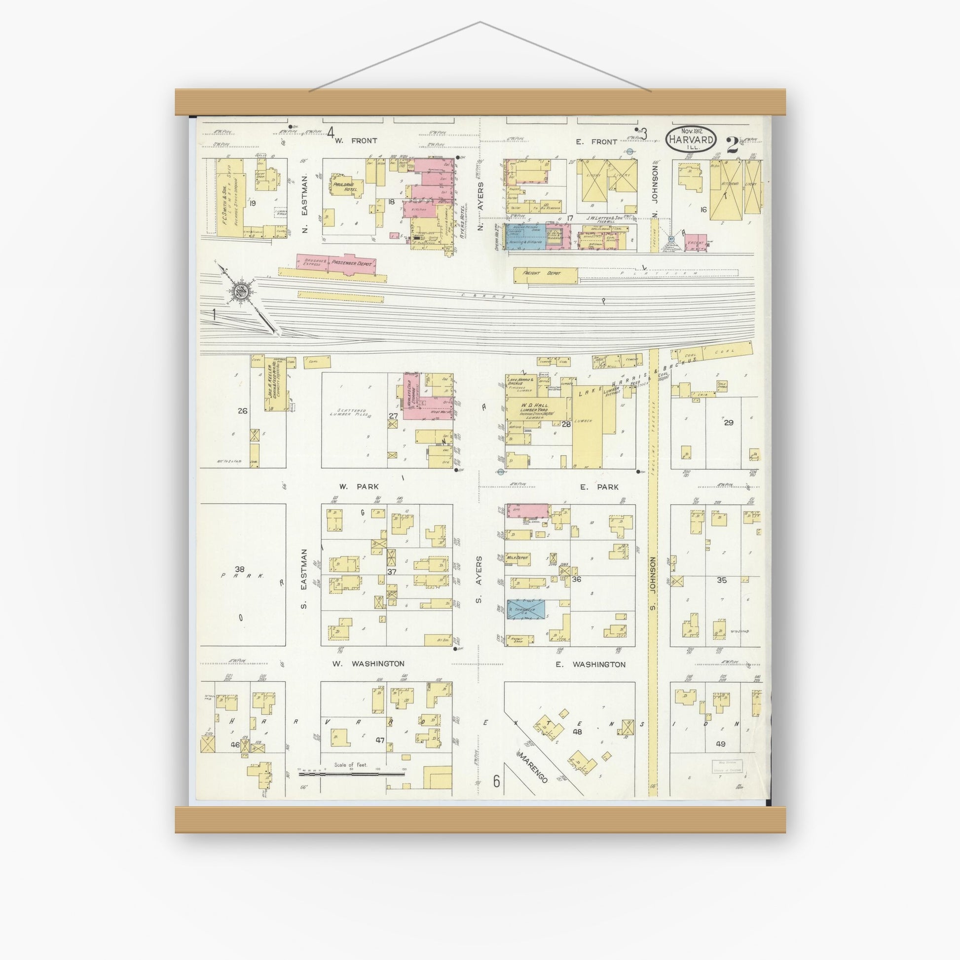 Old map wall art mockup — magnetic wood frame on white wall — Sanborn Fire Insurance Map from Harvard, McHenry County, Illinois (1912), Sheet #0002