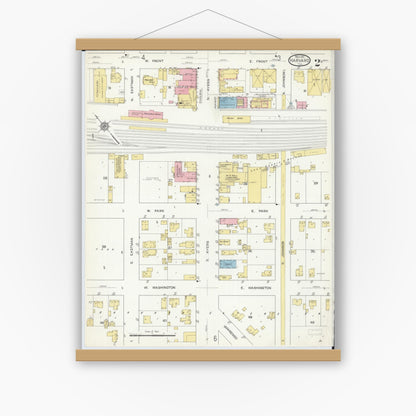 Old map wall art mockup — magnetic wood frame on white wall — Sanborn Fire Insurance Map from Harvard, McHenry County, Illinois (1912), Sheet #0002