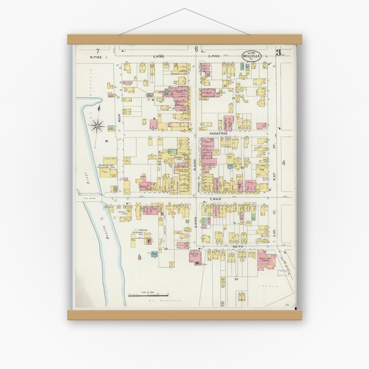 Old map wall art mockup — magnetic wood frame on white wall — Sanborn Fire Insurance Map from Millville, Cumberland County, New Jersey (1898), Sheet #0003