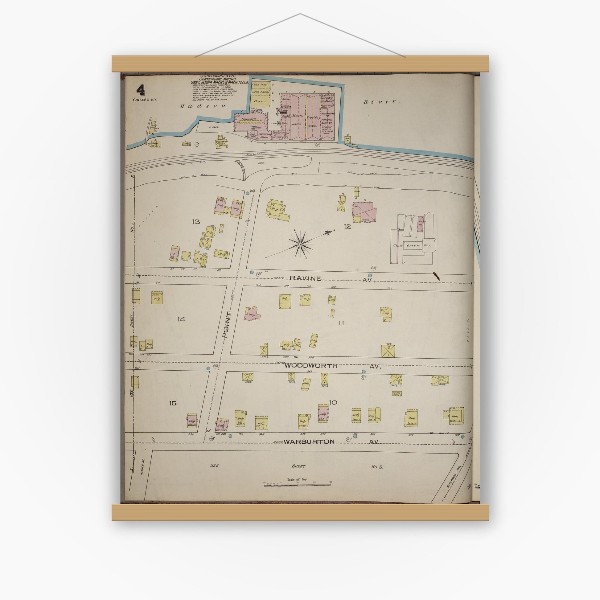 Old map wall art mockup — magnetic wood frame on white wall — Sanborn Fire Insurance Map from Yonkers, Westchester County, New York (1886), Sheet #0004