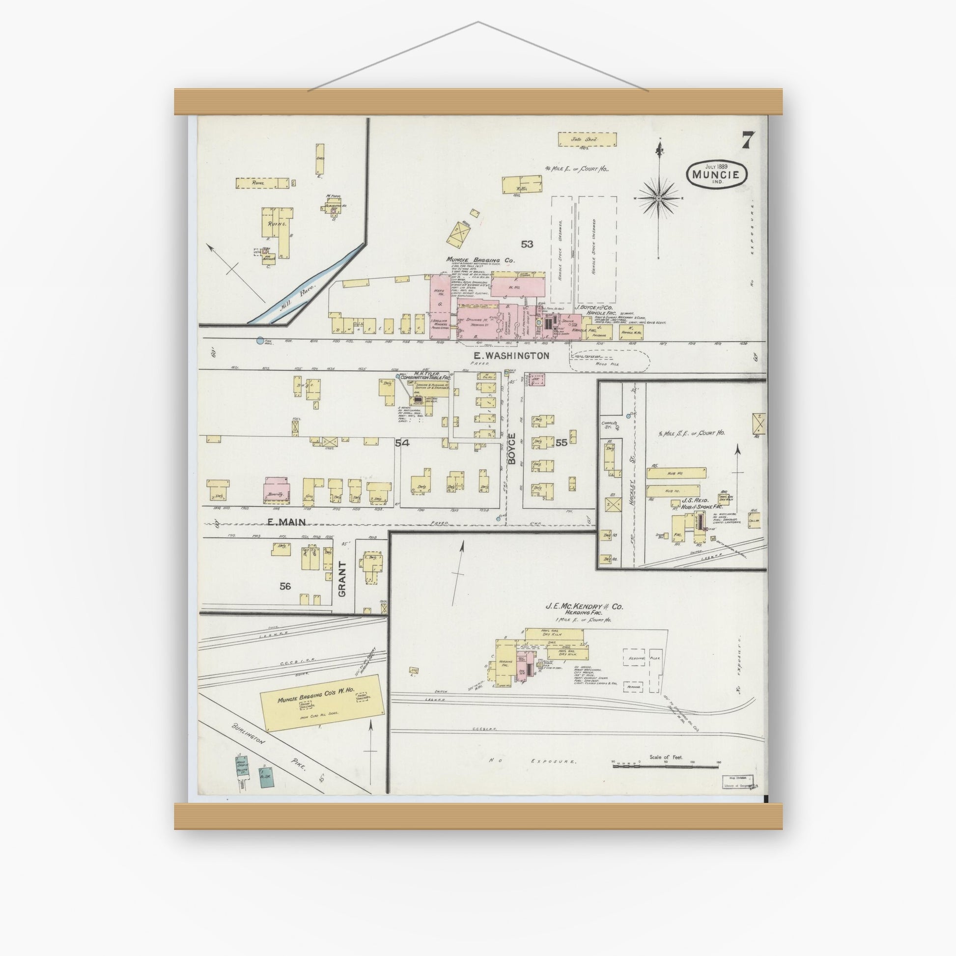 Old map wall art mockup — magnetic wood frame on white wall — Sanborn Fire Insurance Map from Muncie, Delaware County, Indiana (1889), Sheet #0007
