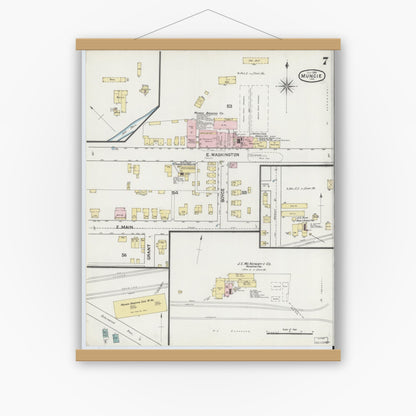 Old map wall art mockup — magnetic wood frame on white wall — Sanborn Fire Insurance Map from Muncie, Delaware County, Indiana (1889), Sheet #0007
