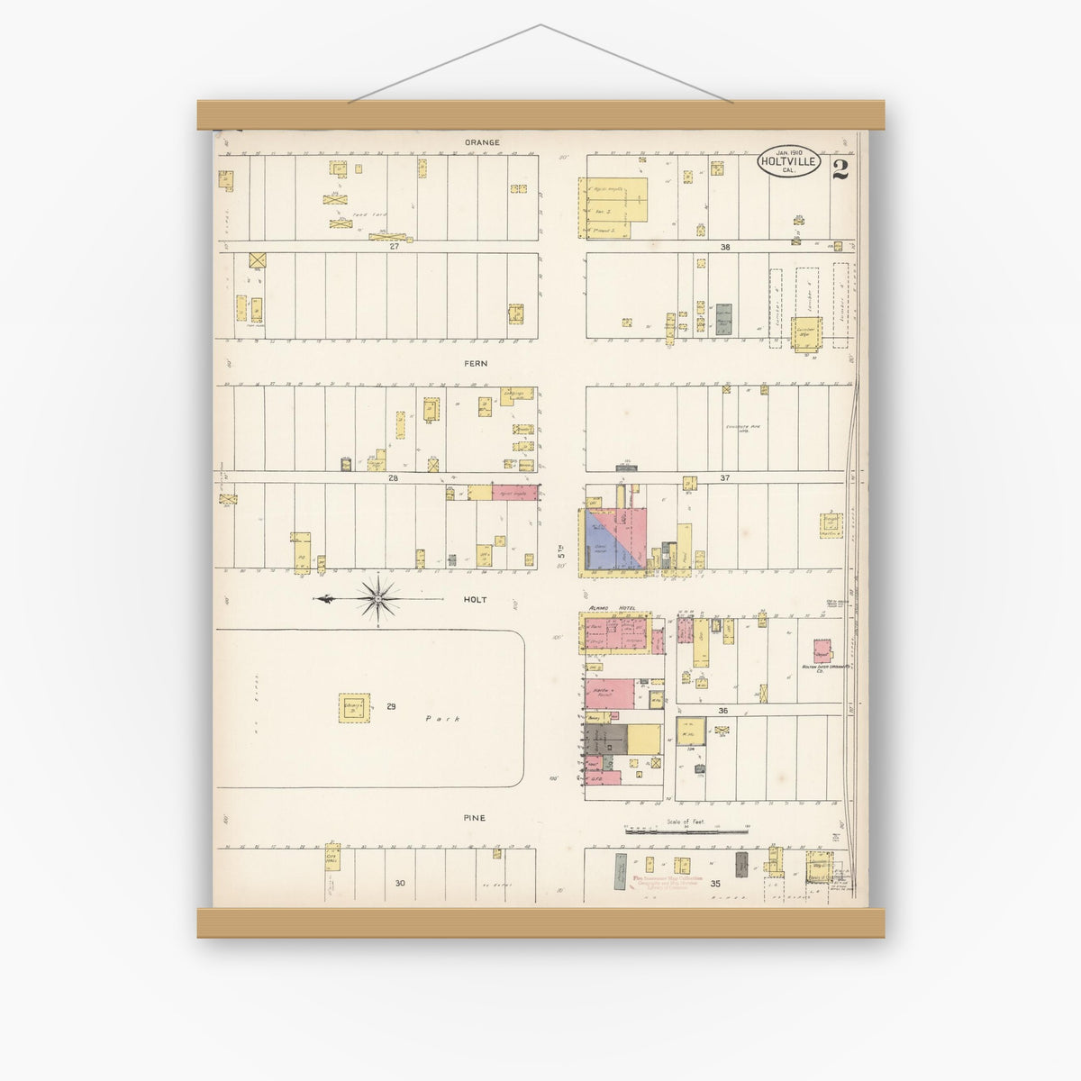 Old map wall art mockup — magnetic wood frame on white wall — Sanborn Fire Insurance Map from Holtville, Imperial County, California (1910), Sheet #0002