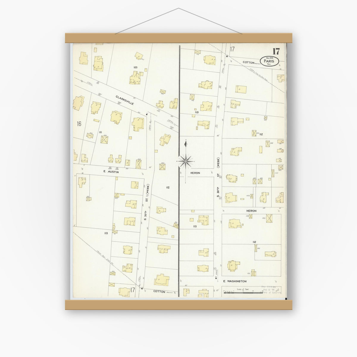 Old map wall art mockup — magnetic wood frame on white wall — Sanborn Fire Insurance Map from Paris, Lamar County, Texas (1908), Sheet #0017