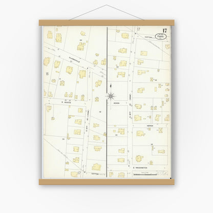 Old map wall art mockup — magnetic wood frame on white wall — Sanborn Fire Insurance Map from Paris, Lamar County, Texas (1908), Sheet #0017