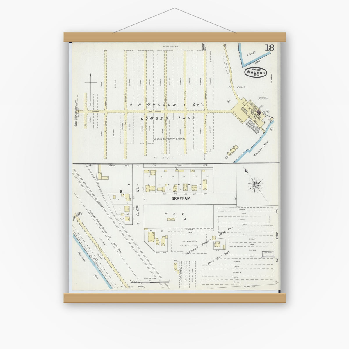 Old map wall art mockup — magnetic wood frame on white wall — Sanborn Fire Insurance Map from Wausau, Marathon County, Wisconsin (1891), Sheet #0018