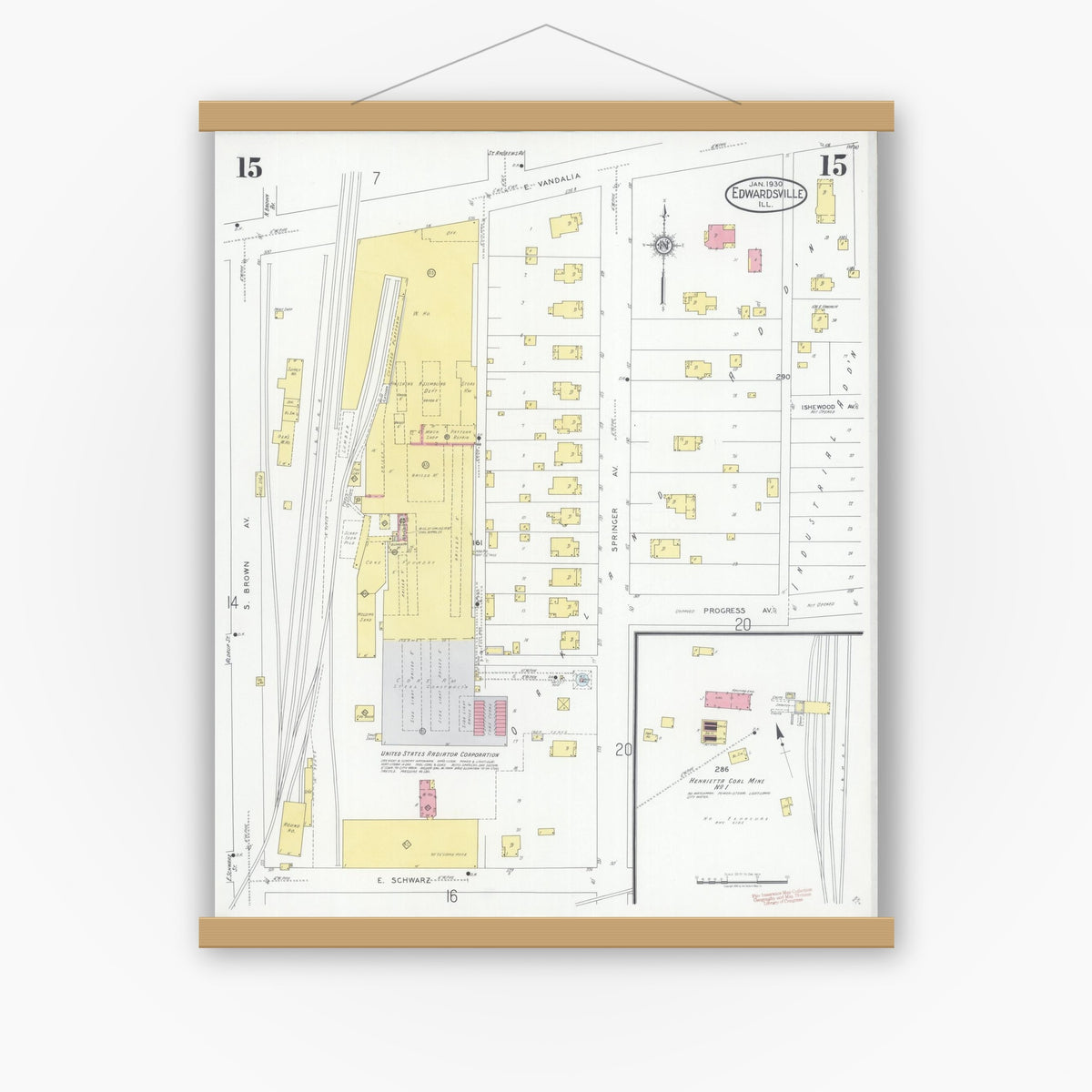 Old map wall art mockup — magnetic wood frame on white wall — Sanborn Fire Insurance Map from Edwardsville, Madison County, Illinois (1930), Sheet #0015