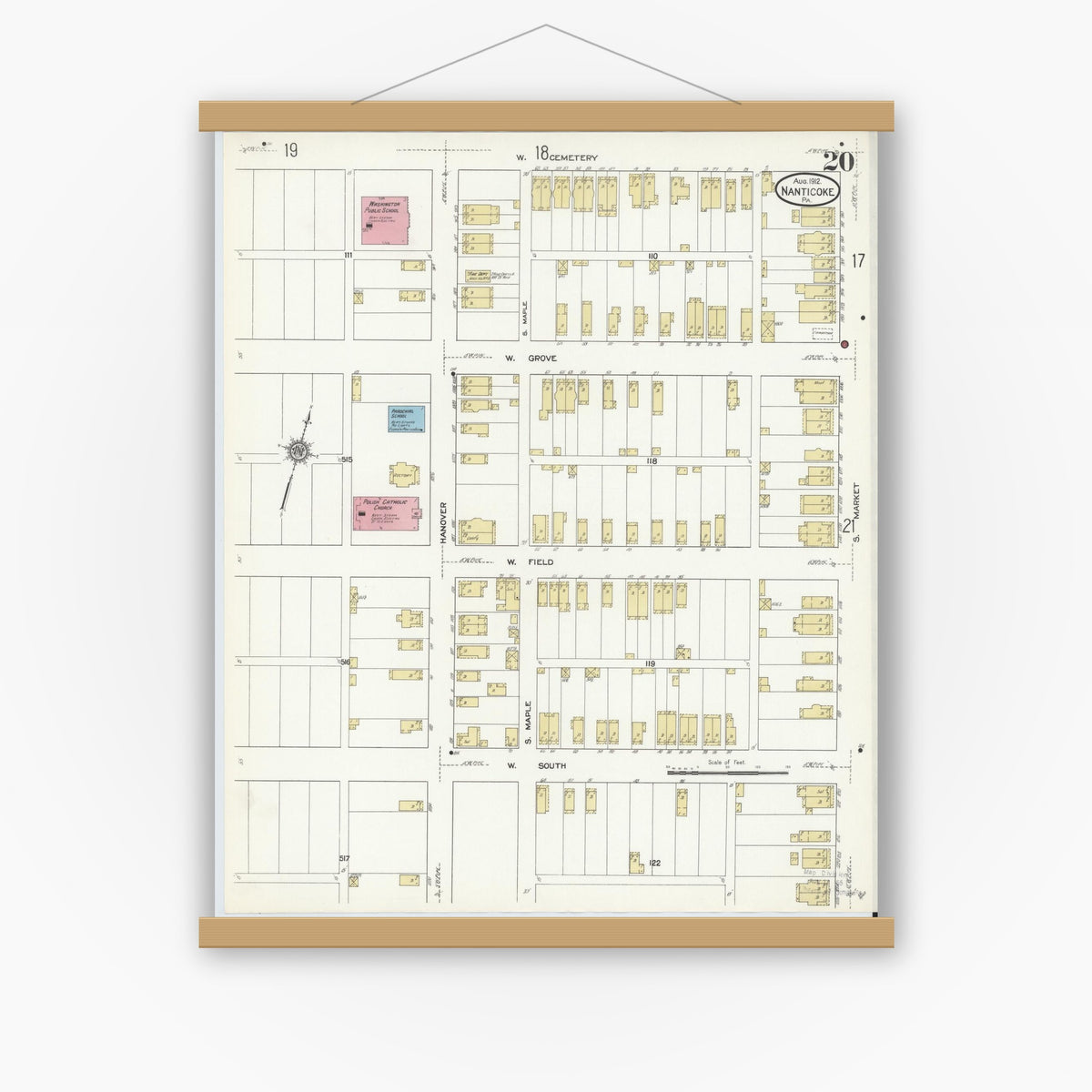 Old map wall art mockup — magnetic wood frame on white wall — Sanborn Fire Insurance Map from Nanticoke, Luzerne County, Pennsylvania (1912), Sheet #0020