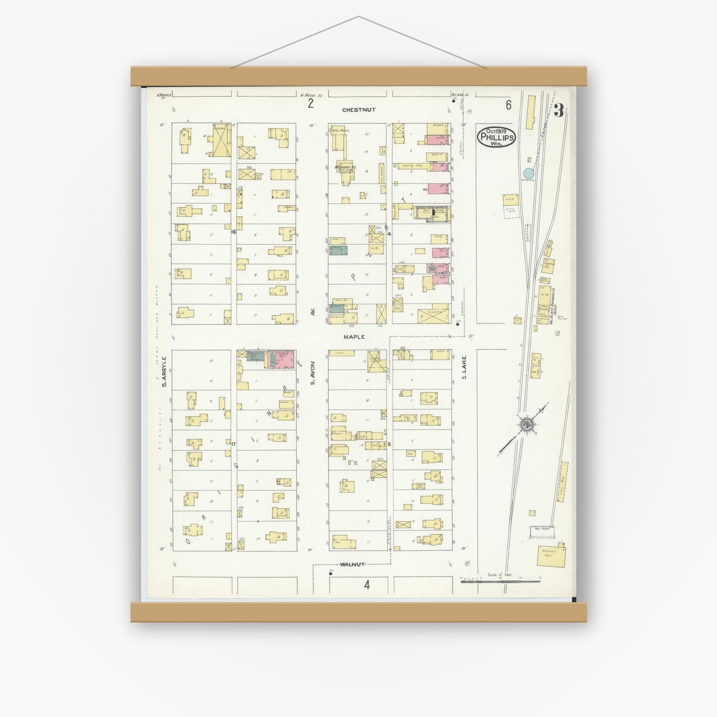 Old map wall art mockup — magnetic wood frame on white wall — Sanborn Fire Insurance Map from Phillips, Price County, Wisconsin (1909), Sheet #0003