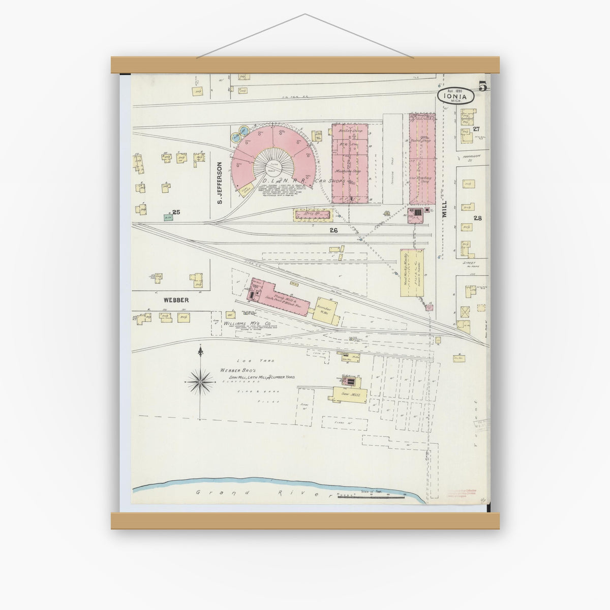 Old map wall art mockup — magnetic wood frame on white wall — Sanborn Fire Insurance Map from Ionia, Ionia County, Michigan (1890), Sheet #0005