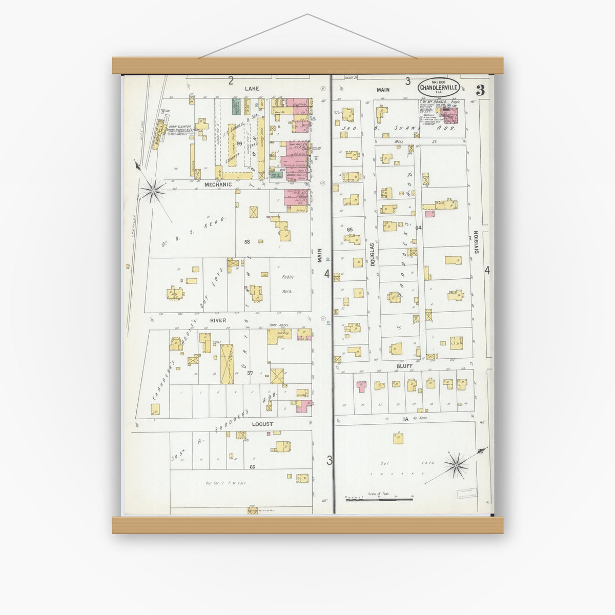 Old map wall art mockup — magnetic wood frame on white wall — Sanborn Fire Insurance Map from Chandlerville, Cass County, Illinois (1900), Sheet #0003