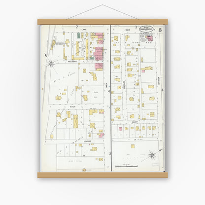 Old map wall art mockup — magnetic wood frame on white wall — Sanborn Fire Insurance Map from Chandlerville, Cass County, Illinois (1900), Sheet #0003