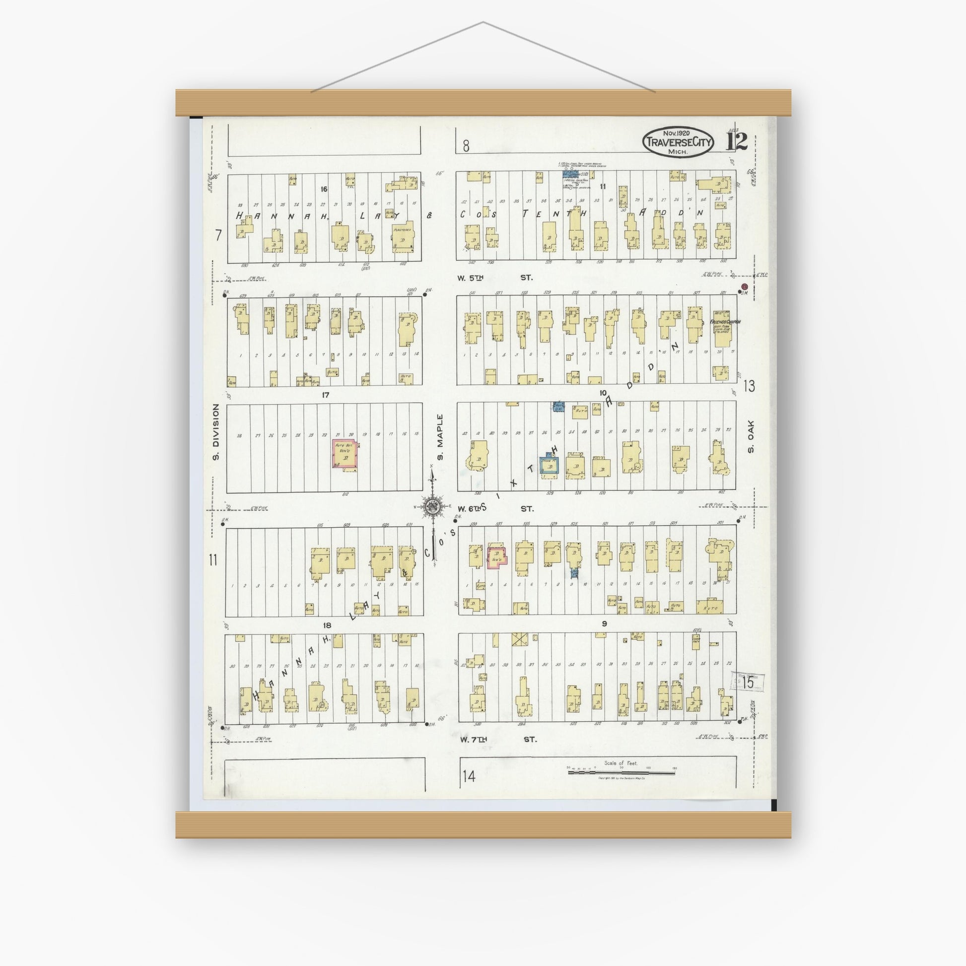 Old map wall art mockup — magnetic wood frame on white wall — Sanborn Fire Insurance Map from Traverse City, Grand Traverse County, Michigan (1920), Sheet #0012