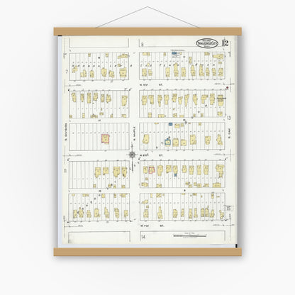 Old map wall art mockup — magnetic wood frame on white wall — Sanborn Fire Insurance Map from Traverse City, Grand Traverse County, Michigan (1920), Sheet #0012