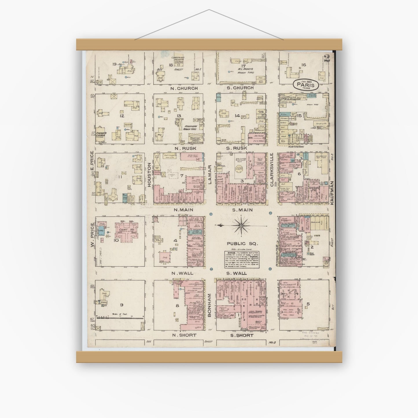 Old map wall art mockup — magnetic wood frame on white wall — Sanborn Fire Insurance Map from Paris, Lamar County, Texas (1885), Sheet #0002