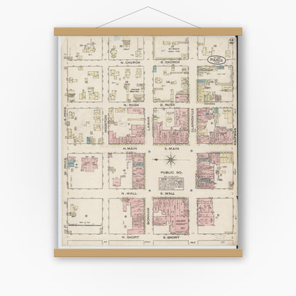 Old map wall art mockup — magnetic wood frame on white wall — Sanborn Fire Insurance Map from Paris, Lamar County, Texas (1885), Sheet #0002