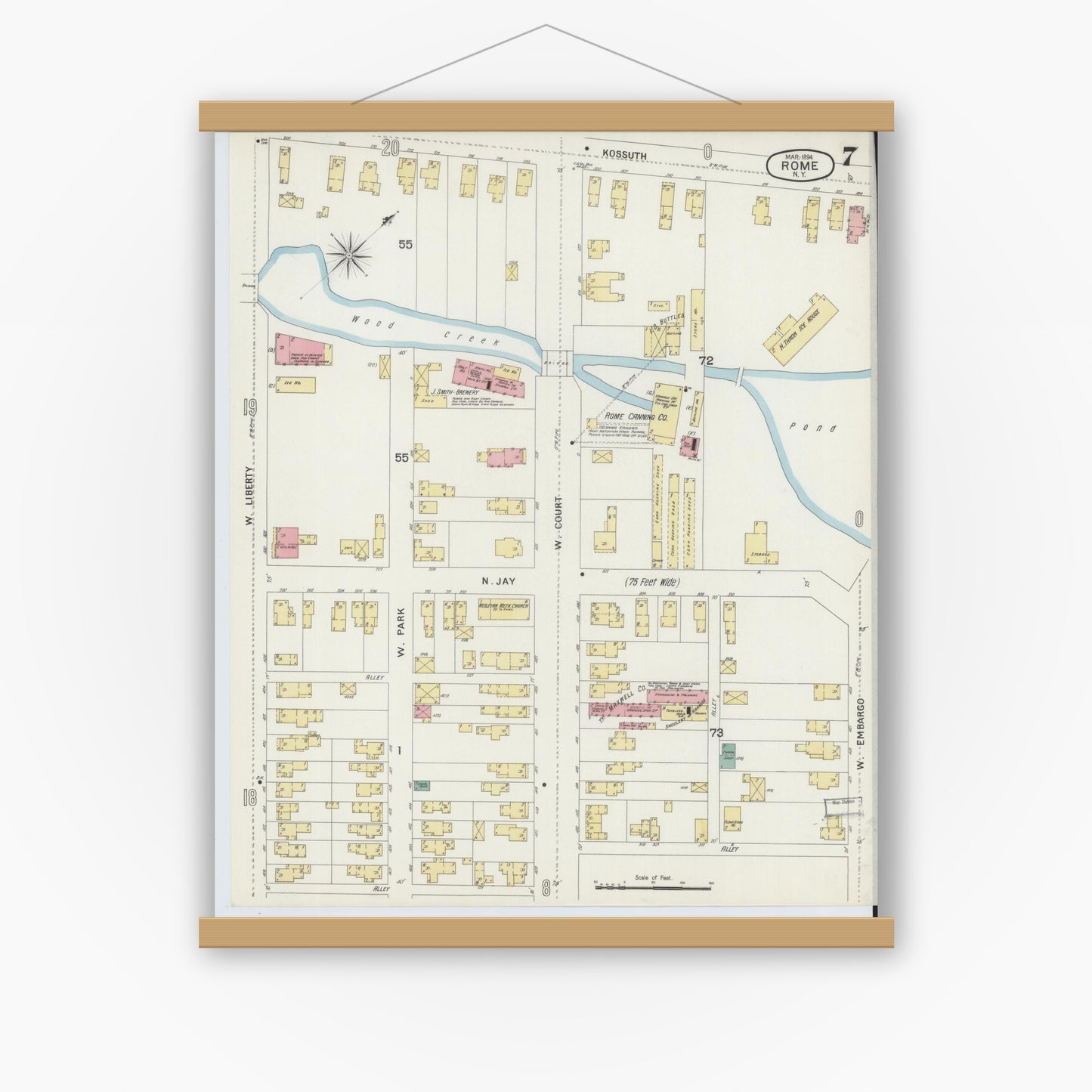 Old map wall art mockup — magnetic wood frame on white wall — Sanborn Fire Insurance Map from Rome, Oneida County, New York (1894), Sheet #0007